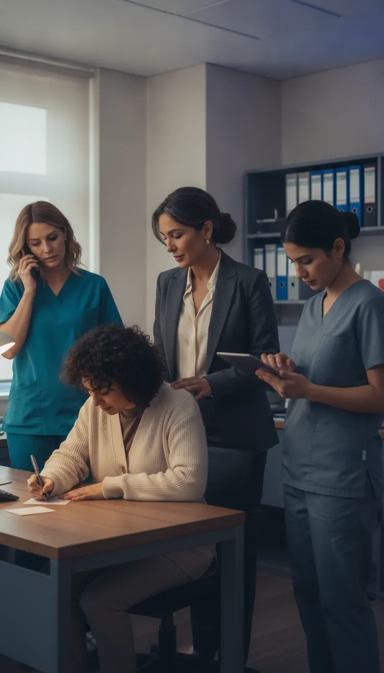 Clinic back-office staff working through patient paperwork and handheld devices together