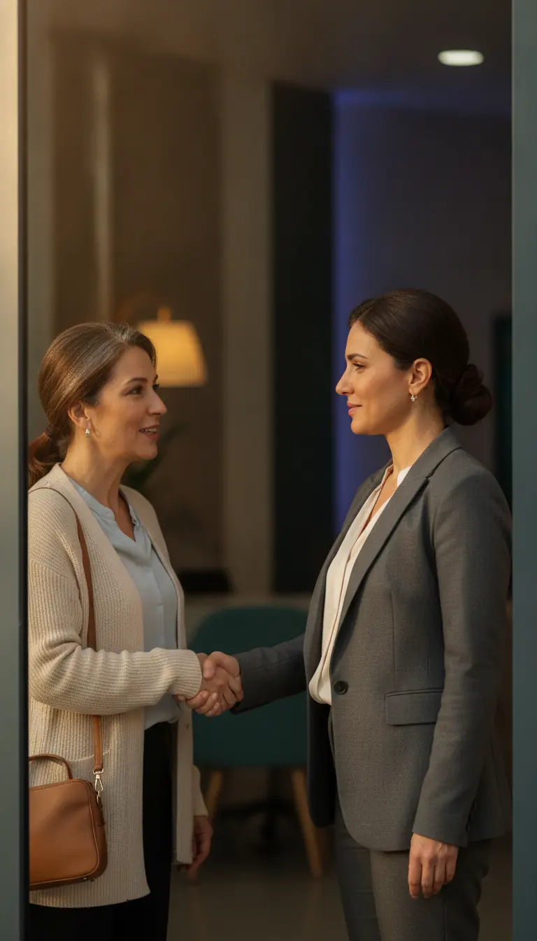 Two people shaking hands at a clinic entrance