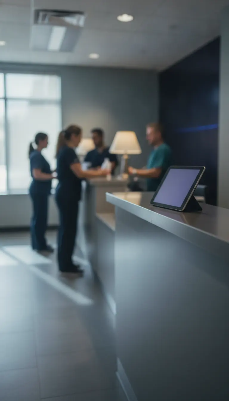 A clinic reception counter with a tablet propped at the edge, staff conferring behind it
